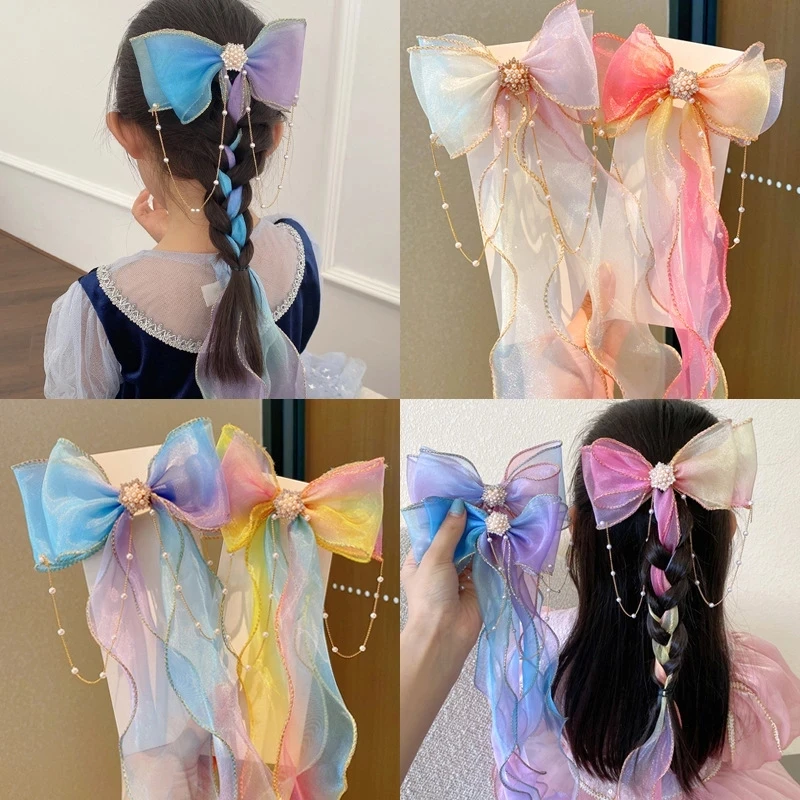 

Children's Pearl Tassels Bows Hair Clips Ribbons Braided Hairpins Headdresses Summer Girls Princess Hairgrip Hair Accessories