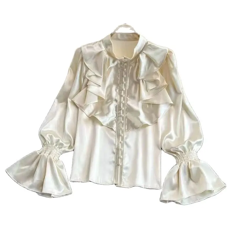 Женская атласная блузка свободная рубашка с длинными расклешенными рукавами