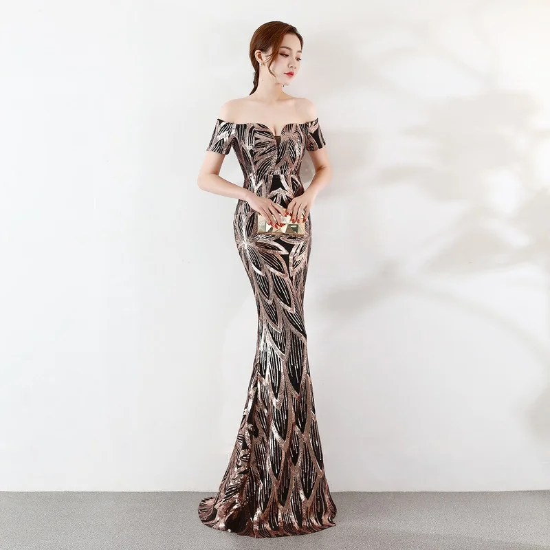 

Elegant Women's High-end Dresses for Party 2022 Long Fishtail Sequined Evening Dress Slim Fit Banquet Wedding Dress