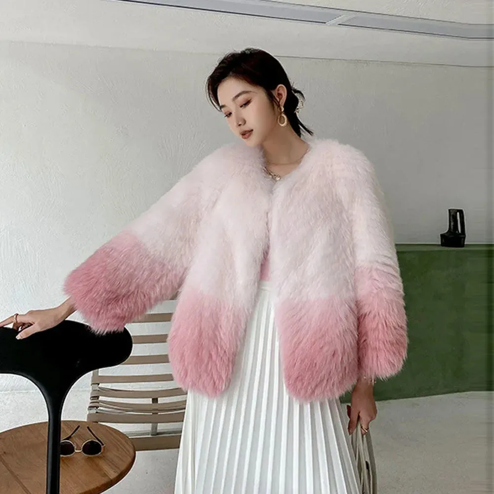 Winter Faux Fox fur faux Gradient Color Coat Female Profile pink Jackets Casual Warm Autumn Outerwear Lady Elegant Fur Jacket