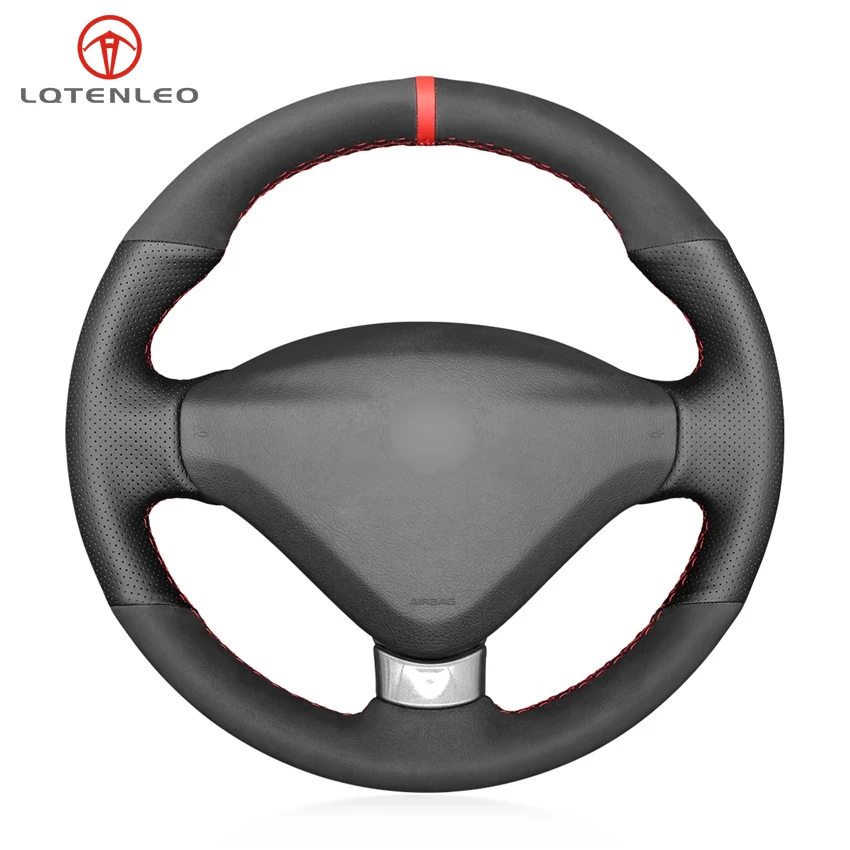

LQTENLEO Black Genuine Leather Suede Hand Sewing Car Steering Wheel Cover for Peugeot 207 CC 2012 2013 2014
