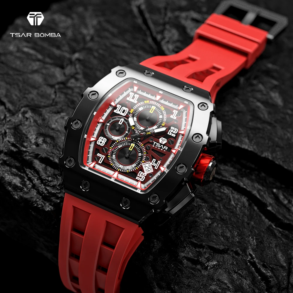 

TSAR BOMBA Tonneau Mens Watches Japan Movement Sapphire Wristwatch Waterproof Chronograph Date Red Clock Luxury Gift for Men