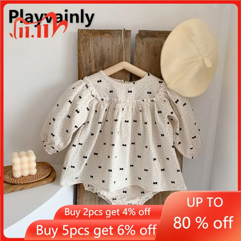 

2022 Korean Style New Spring Baby Girls 2pcs Sets Denim Long Sleeves Bow Pullover Shirts+Pp Shorts Newborn Casual Bodysuit E2132