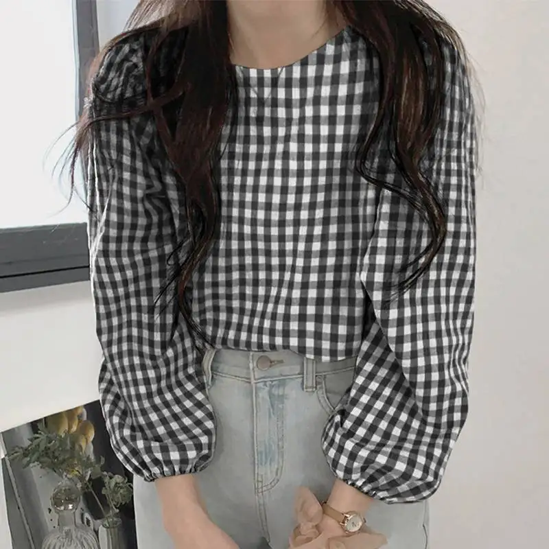

Vintage Plaid Puff Sleeve Shirts Office Tops 2022 VONDA Women Casual Pleated Round Neck Blouse Blusas Femininas Oversized Shirts