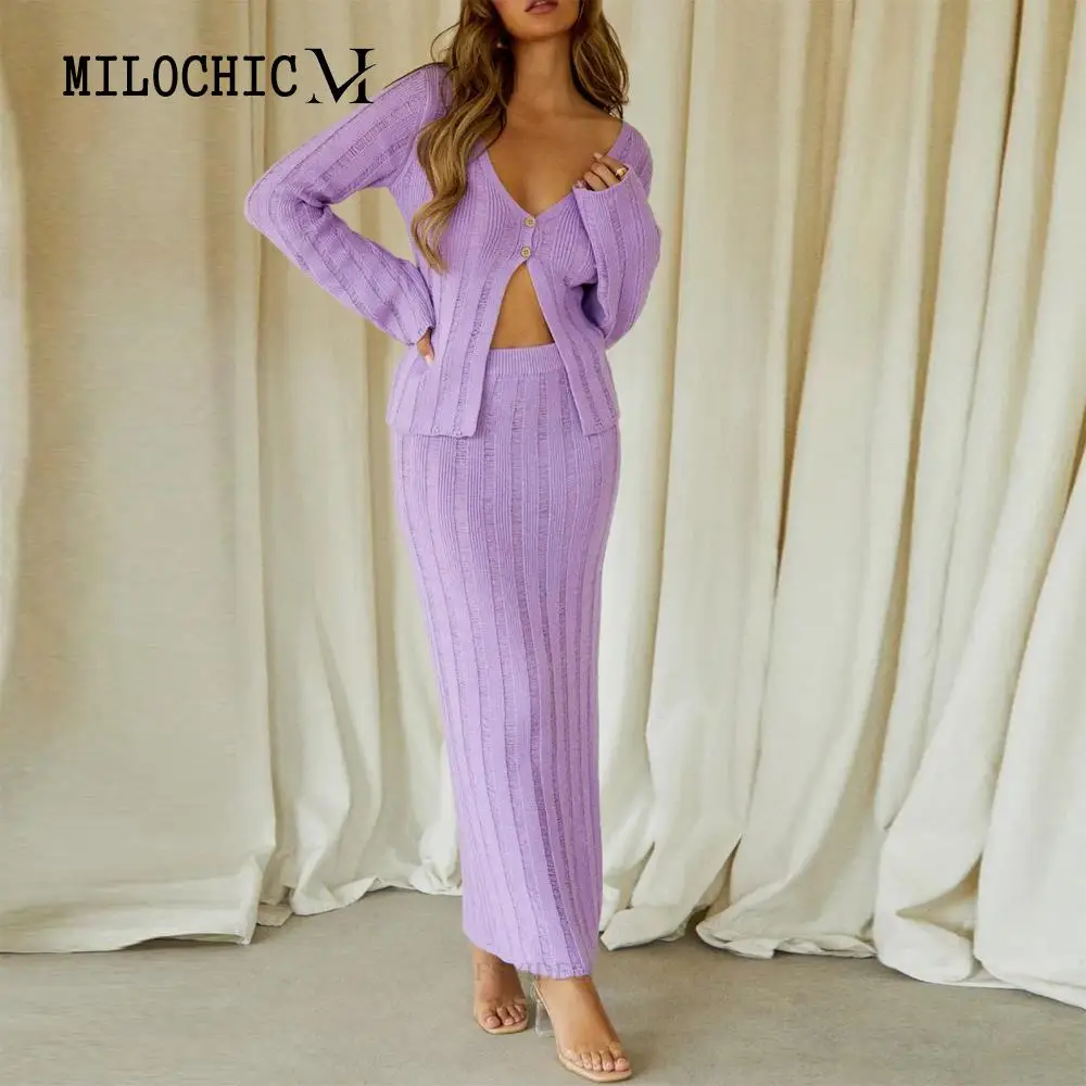 

Женский трикотажный комплект из топа с длинным рукавом и облегающей юбки, прозрачный топ на пуговицах и длинная юбка, облегающий однотонный костюм в уличном стиле