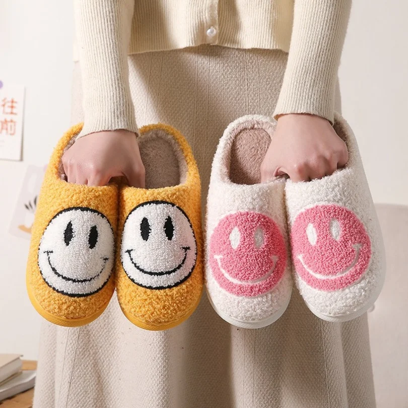

House Smiley Face Slipper Women Kawaii Cartoon Plush Winter Warm Contton Indoor Funny Cute Fuzzy Floor Home Shoes Female 2022