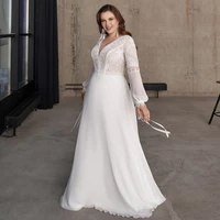 weilinsha womens plus size chiffon wedding dress classic a line lace long sleeves v neck civil bridal gowns with sweep train