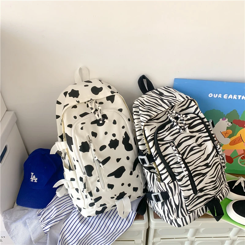 Vintage Casual Women Nylon Backpack Fashion Cow Pattern School Bags For Students Teenagers Girls Daily Backpacks Travel Knapsack