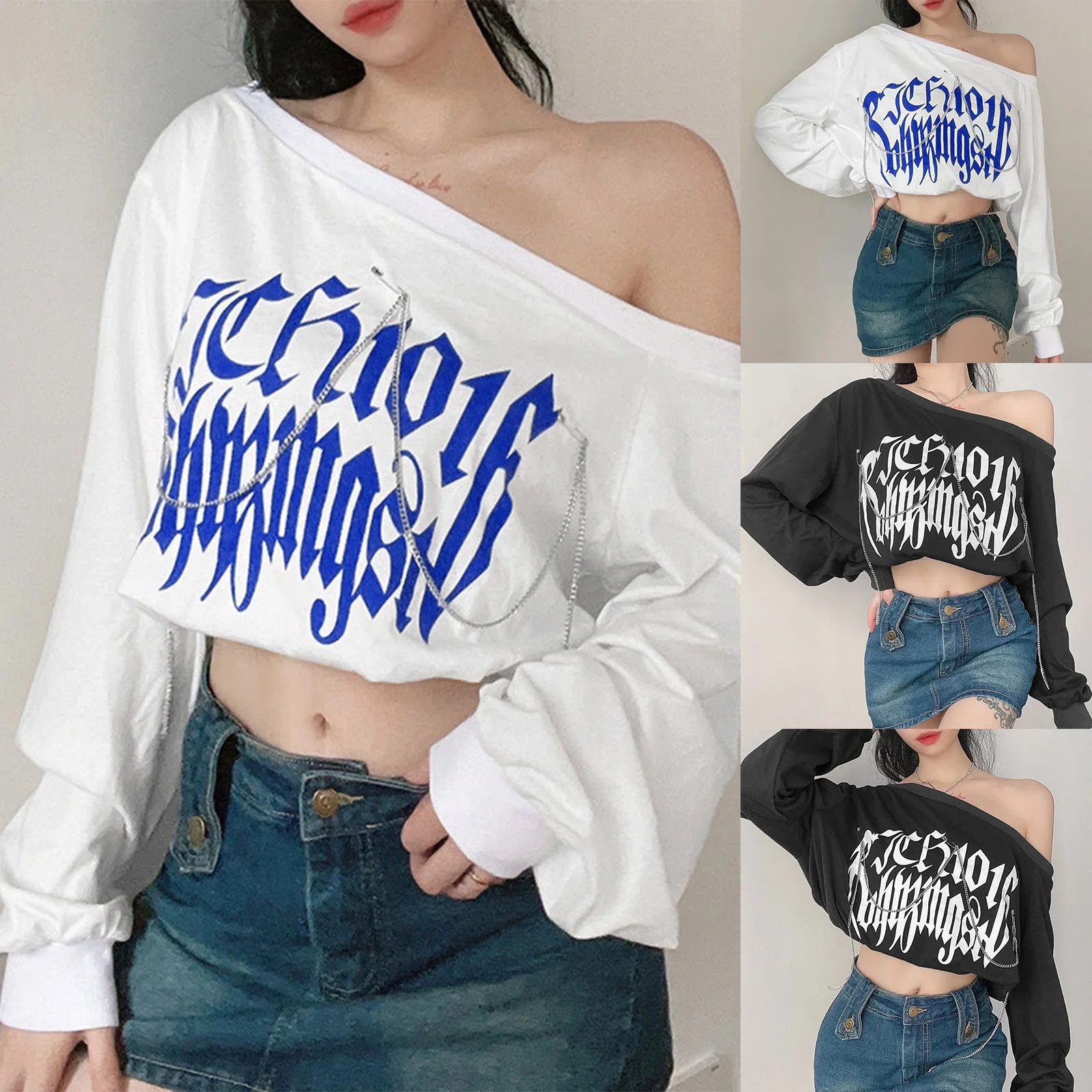 

Women Sexy Off Shoulder Tops Creative Letter Printing Chain Decoration Long Sleeve Midriff-baring Loose T-shirt