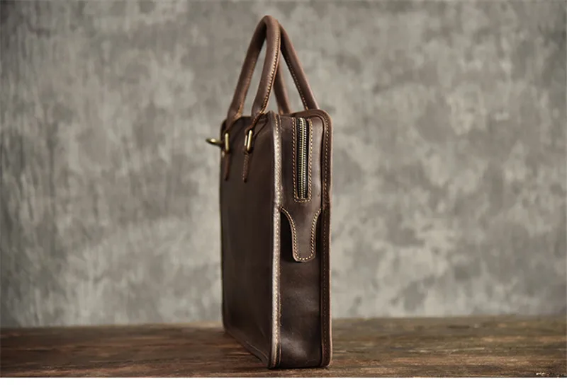 Simple vintage genuine leather men's women's briefcase crazy horse cowhide work handbag business laptop shoulder messenger bag