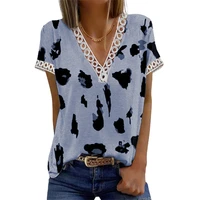 summer womens leopard print t shirt 2022 sexy lace v neck short sleeve patchwork t shirt casual female loose women clothing top