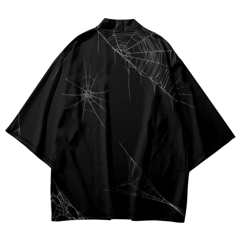 

Traditional Black Spider Web Print Kimono And Pant Set Men Women Cosplay Cardigan Yukata Shirt Japanese Samurai Haori