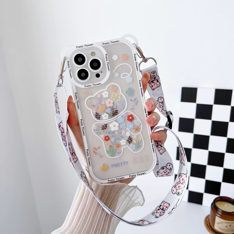 

Милый мультяшный чехол для телефона с цветочным медведем и ушками для защиты объектива со шнурком для iPhone 11 12 13 Pro Xs Max Xr Xs 7 8 Plus, мягкий чехол