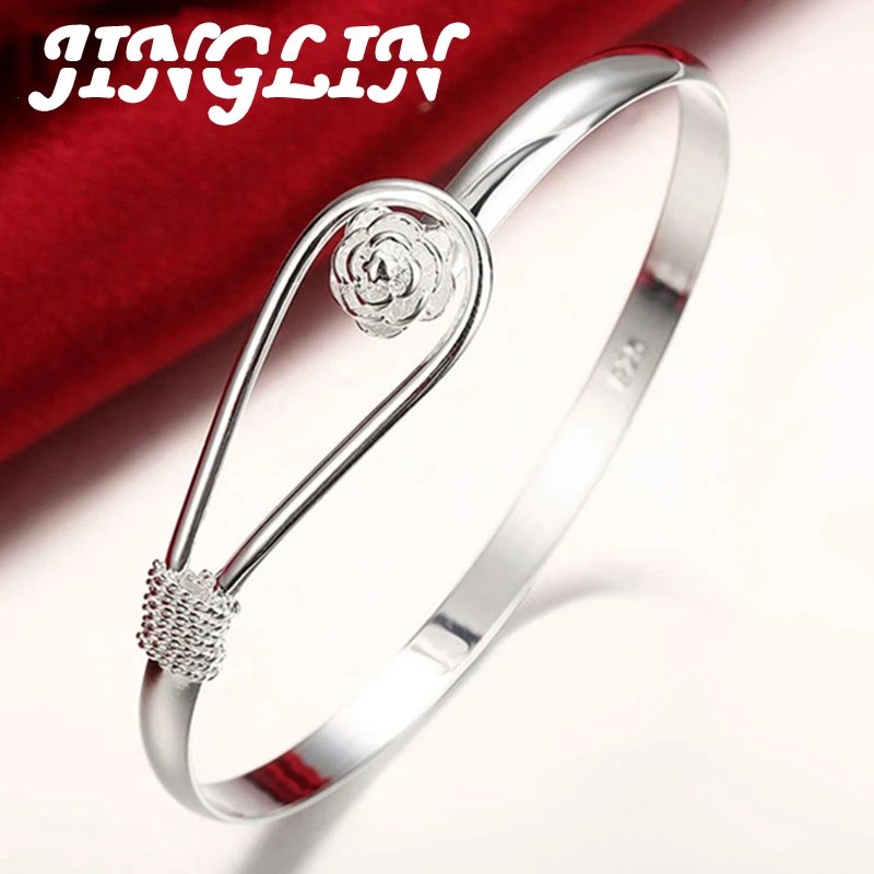 

JINGLIN 925 Sterling Silver Rose Flower Bangle Bracelet For Women Wedding Engagement Fashion Charm Party Jewelry