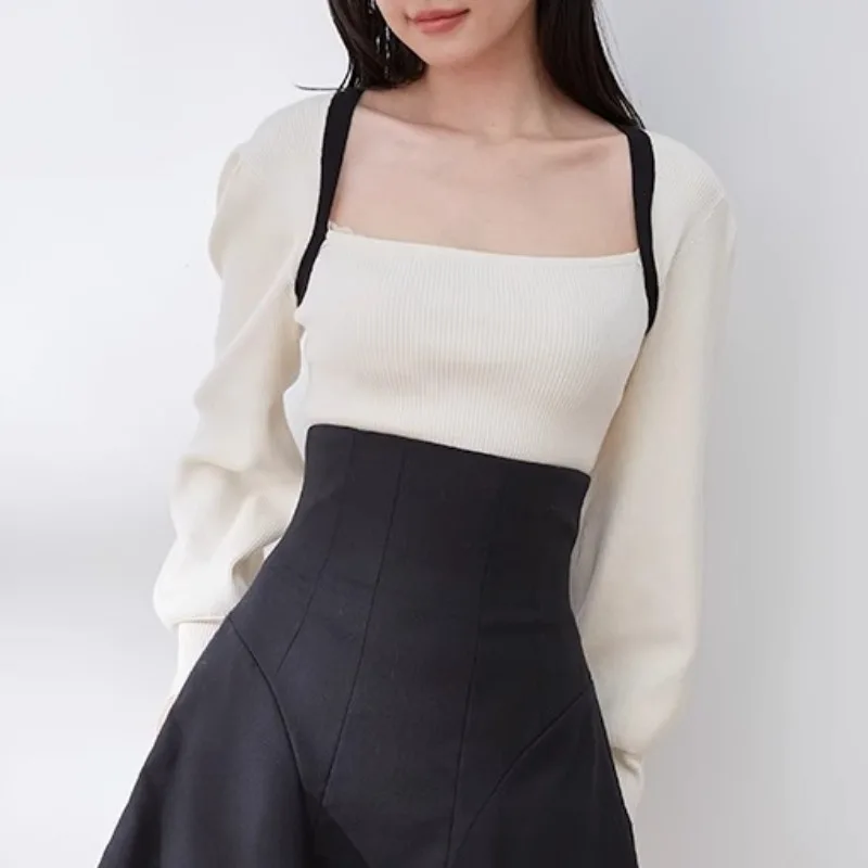 Элегантный пуловер с квадратным воротником на завязках сзади свитер в японском