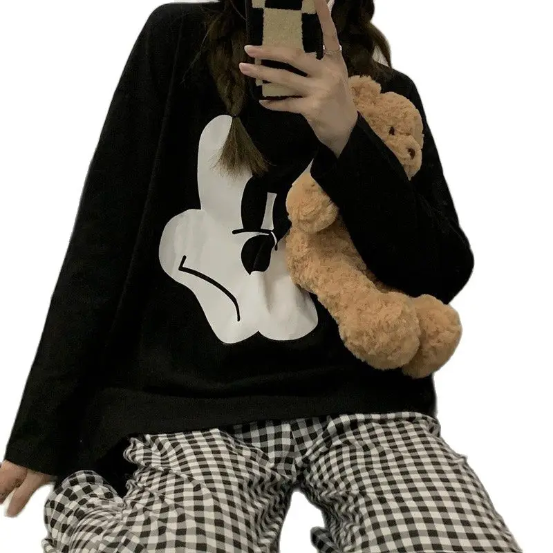 Disney Angry Mickey Mouse Sleepwear 2 Pieces Sets Womens Outfits Spring 2022 Long Sleeve Black Blouse and Plaid Pants Home Suit