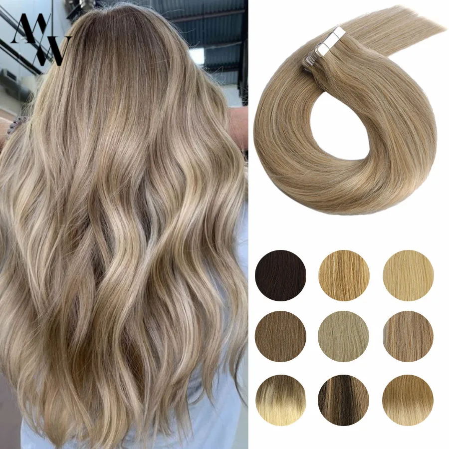 MW Tape In Human Hair Extensions Skin Weft Blonde Black Natural Hair Machine Remy Straight Hair Invisible On Adhesives 12