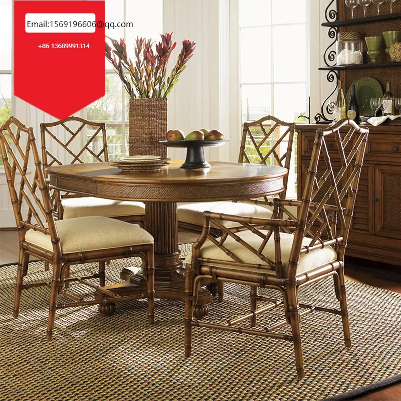 

American bamboo art retro 1.3 meter round table villa leisure dining table chair combination round long table large round table
