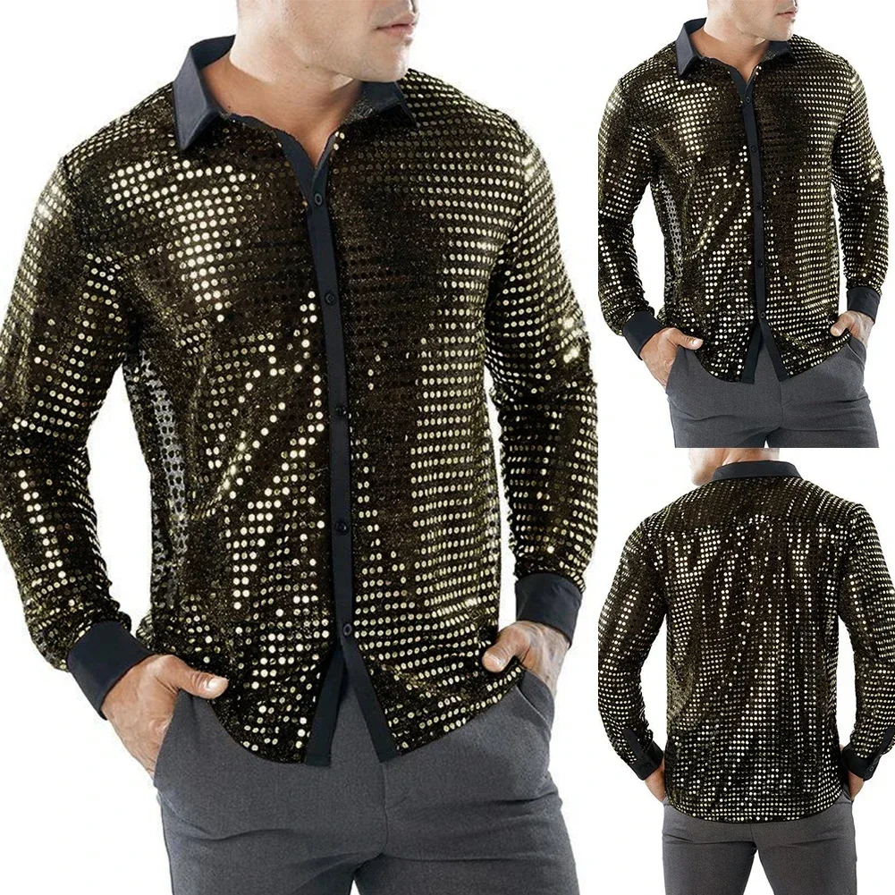Złota M-2XL Poliester Regularna Retro 70s Disco Cekiny Koszula Błyszcząca Stylowa Zupełnie Nowa Wygodna Gorąca Męska Z Długim Rękawem
