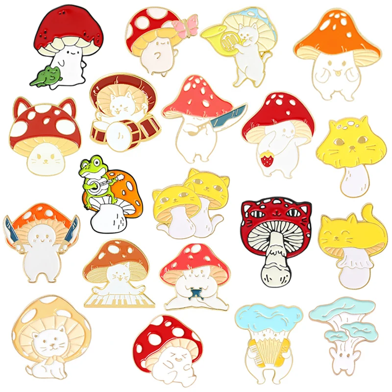 

Cute Mushroom Enamel Brooch Funny Cat Music Frog Assassin Cartoon Plant Badge Punk Bag Accessories Lapel Pins Kids Jewelry Gift