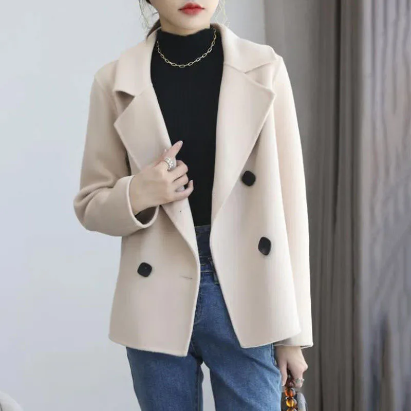 

Женское двухстороннее шерстяное пальто, короткое элегантное приталенное теплое шерстяное пальто, повседневная верхняя одежда, R2495, Осень-з...