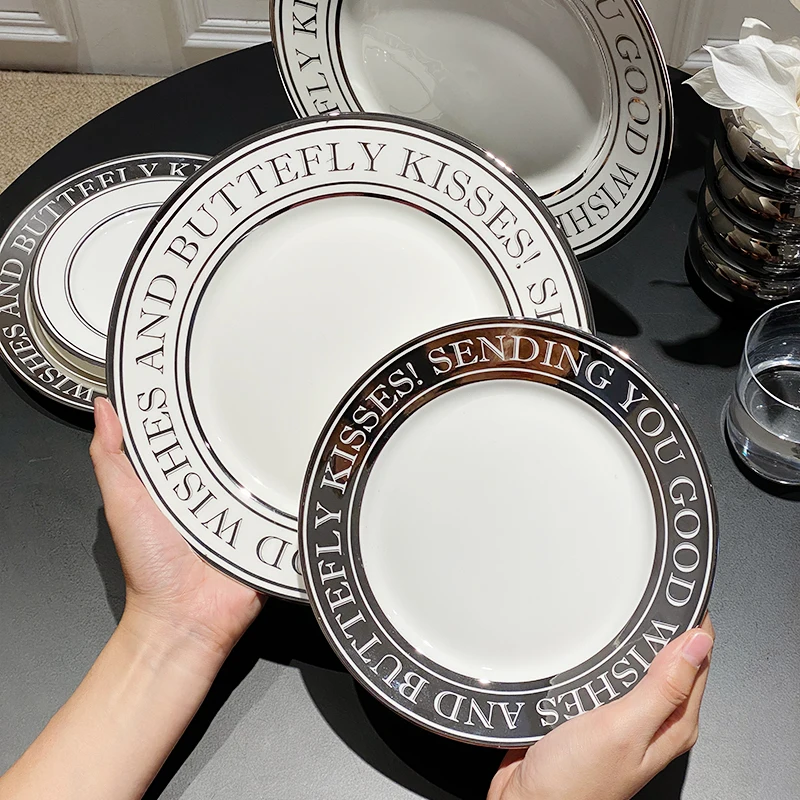 

JINYOUJIA Luxury Silver Letter Ceramic Plate Porcelain Dinner Plates Pizza Pasta Plate Steak Dessert Dishes Kitchen Tableware