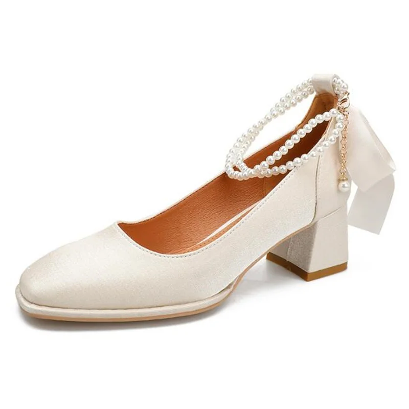 

Туфли Мэри Джейн с жемчугом на толстом каблуке, Новинка весна-осень 2022, туфли на высоком квадратном каблуке, женские красные свадебные туфли