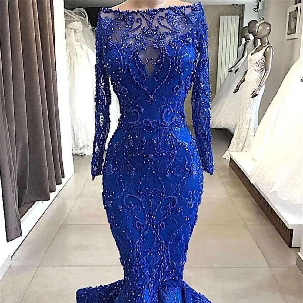 

Sexy Royal Blue Prom Dresses Mermaid Off Shoulder Bateau Lace Beaded Pearls Long Sleeves Illusion Plus Size Prom Evening Gowns