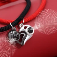 2pcs lucky red handmade rope bracelet for women men romantic lover heart couple 100 language i love you projection bracelet gift