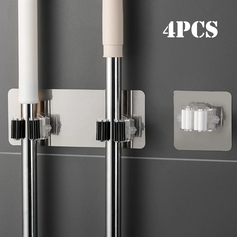 

Rack Strong Holder Organizer Mop Hanger No Broom Mounted 2/4pcs Bathroom Adhesive Wall Kitchen Hooks Drilling Multi-purpose