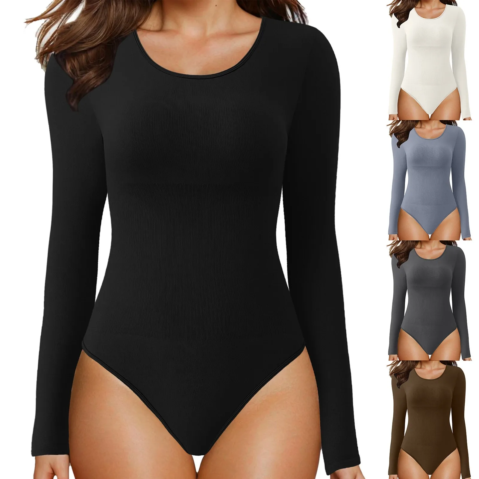 

Женское Бесшовное боди с длинным рукавом, базовая эластичная футболка с круглым вырезом, короткое летнее платье