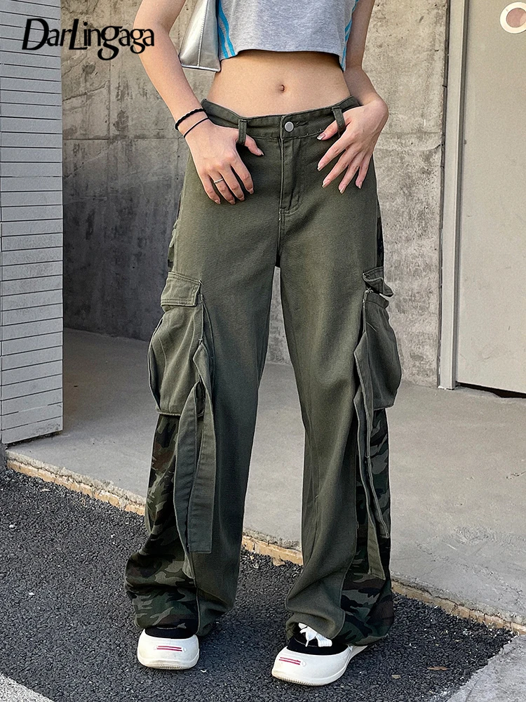 

Darlingaga Streetwear Army Green Camouflage Patchwork Cargo Trousers Denim Low Rise Jeans Pockets Retro Casual Baggy Pants Chic