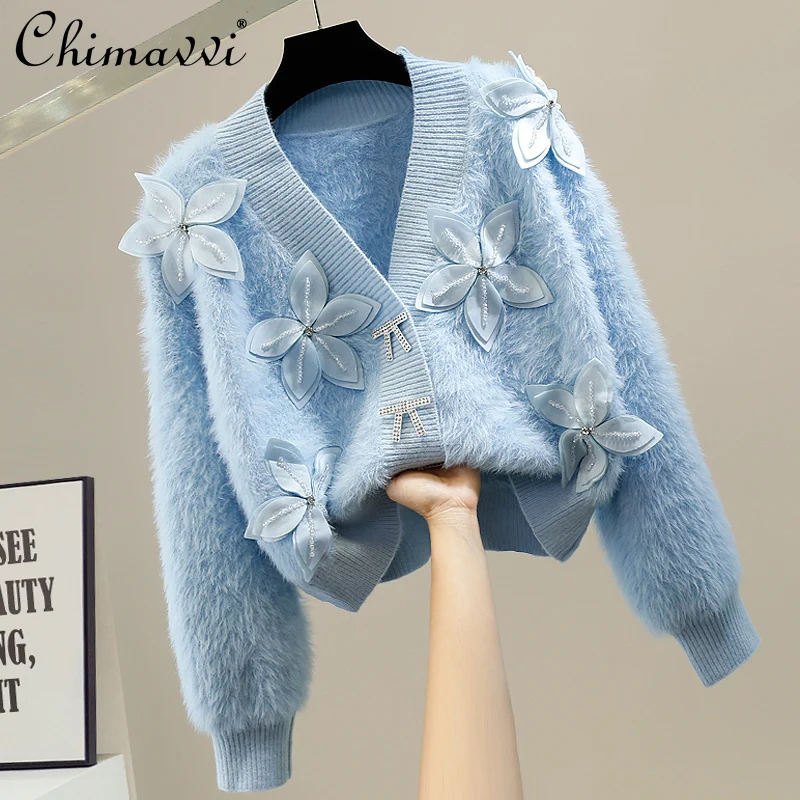 2022 Spring New Ladies Fashion Sweet Beads Diamond-Encrusted Knitted Top Women's Flower-Decorated V-neck Short Mohair Sweater