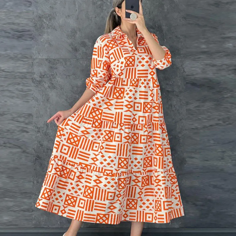 

Casual Fashion Autumn Summer Loose Beach Robe Elegant Women A-Line Party Dress Bohemia New Geometry Print Women Long Shirt Dress