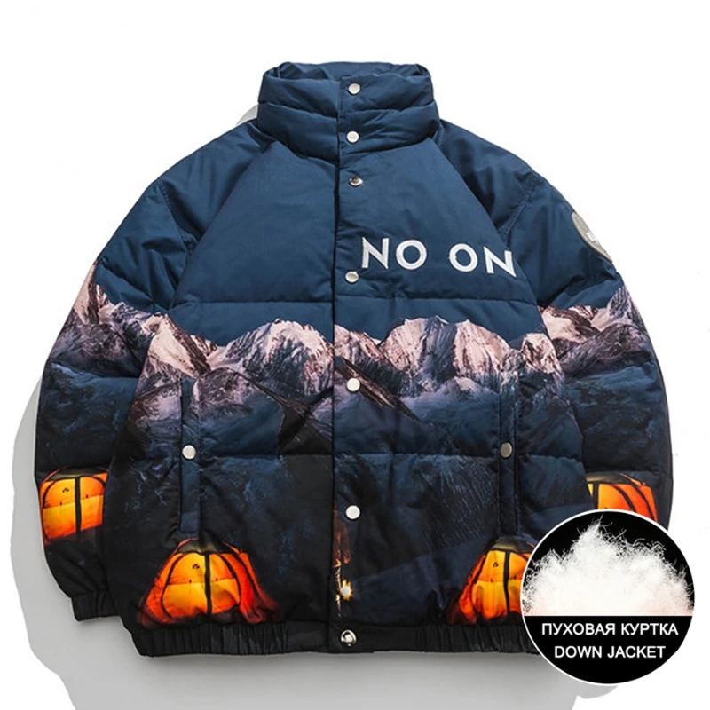 

Harajuku Down Jacket Men Snow Mountain Print Jackets Winter Warm Vintage Casual Coat Top New