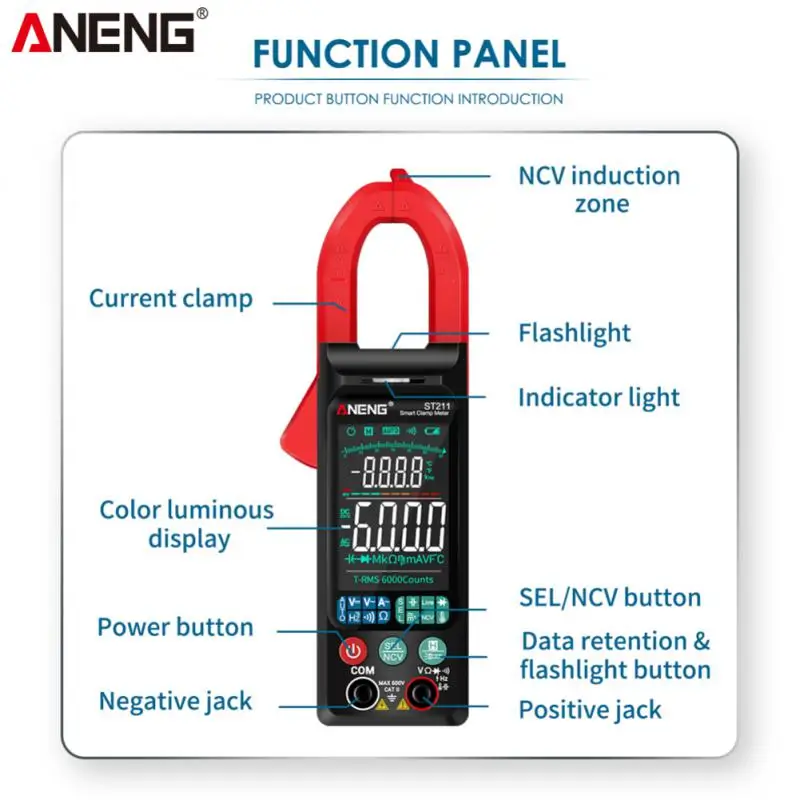 

ANENG ST211 Digital Clamp Meter 6000 Counts Multimeter Multi-function DC/AC Voltage Current Tester Big Color Screen Ohm Tester