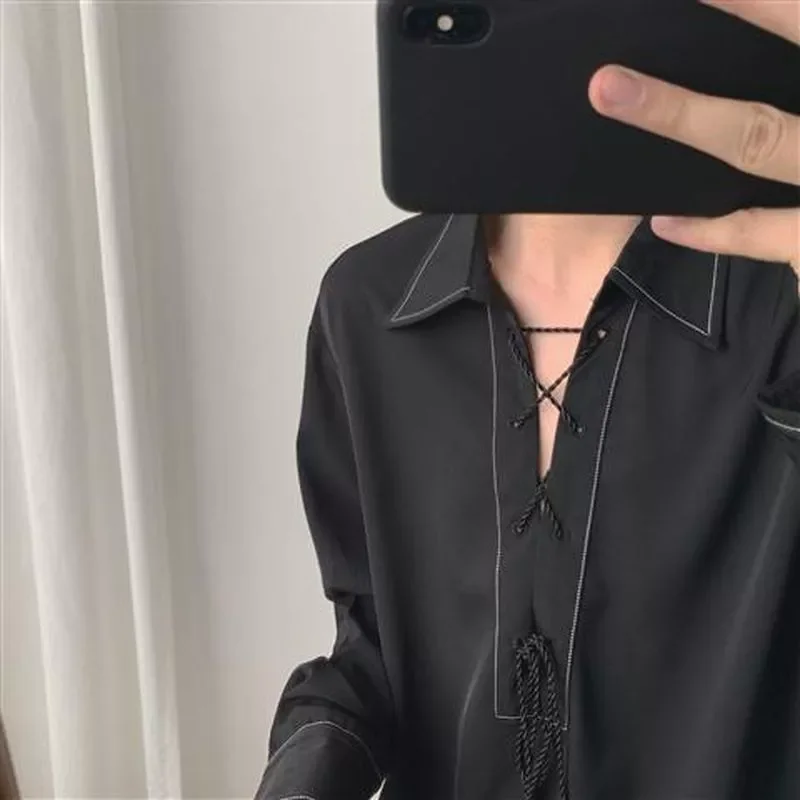 New2022 dark goth shirt men's Hong Kong style open line flow ear tie rope pullover trendy aesthetic elegant women street blo