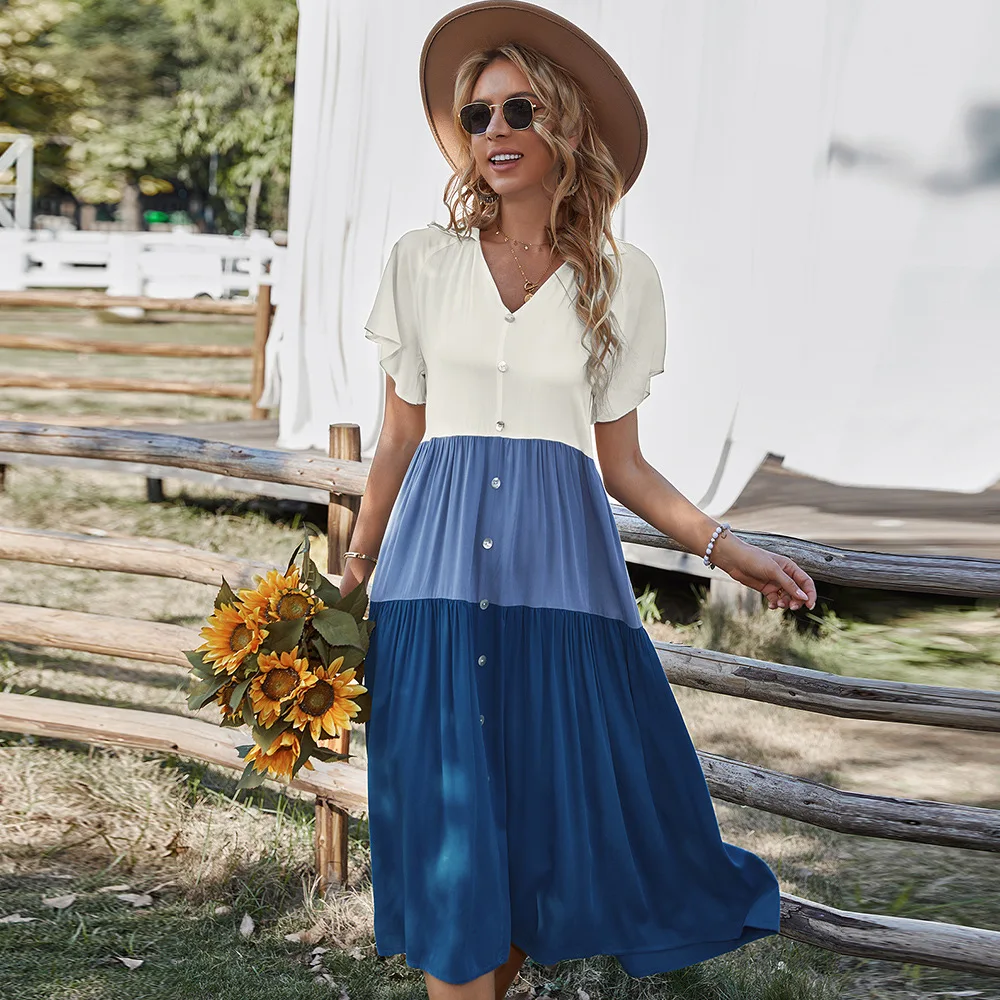 

European and American geometric stitching dress 2022 summer leisure holiday skirt plus size dress woman dress