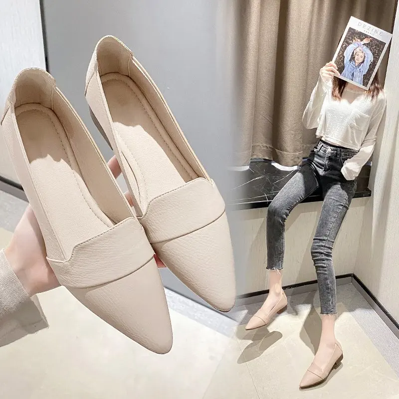 

Woman Pumps Shallow Mouth Small Leather Shoes 2022 Summer New Pointed Toe Peas Shoes Low-heeled Soft-soled Work Shoes Ladies