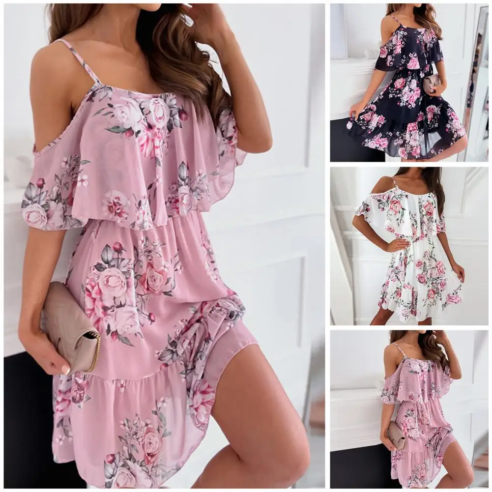 

Great Summer Dress Breathable Spaghetti Strap Tight Waist Summer Floral Short Sleeve Mini Dress