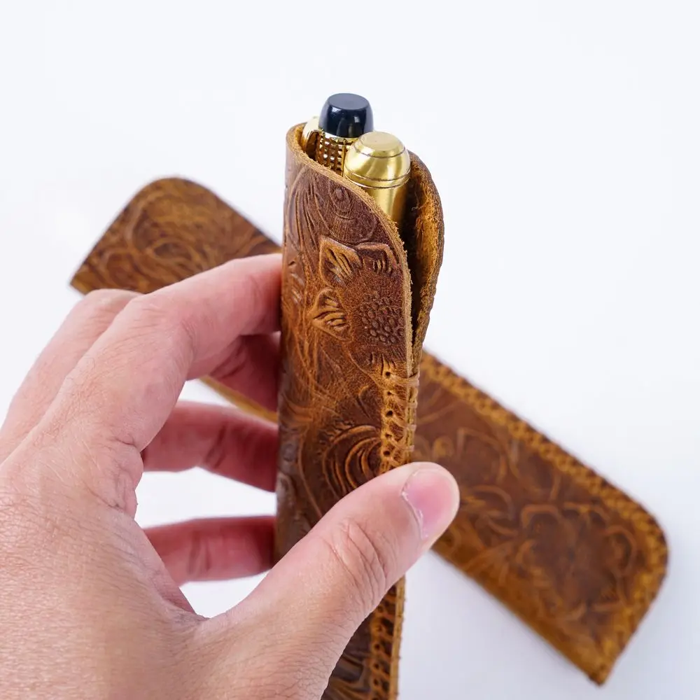 New Retro Genuine Leather Brown Embossing Flower Pencil Pouch Gift Protection Case Pen Bag Storage Bag