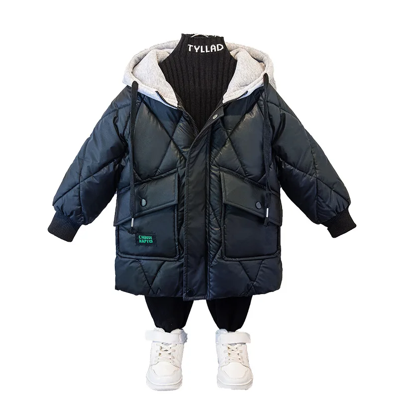 

Модное пуховое пальто с капюшоном для мальчиков, зимняя пуховая куртка средней длины для детей, плотная флисовая ветрозащитная верхняя одежда на молнии, куртка с капюшоном