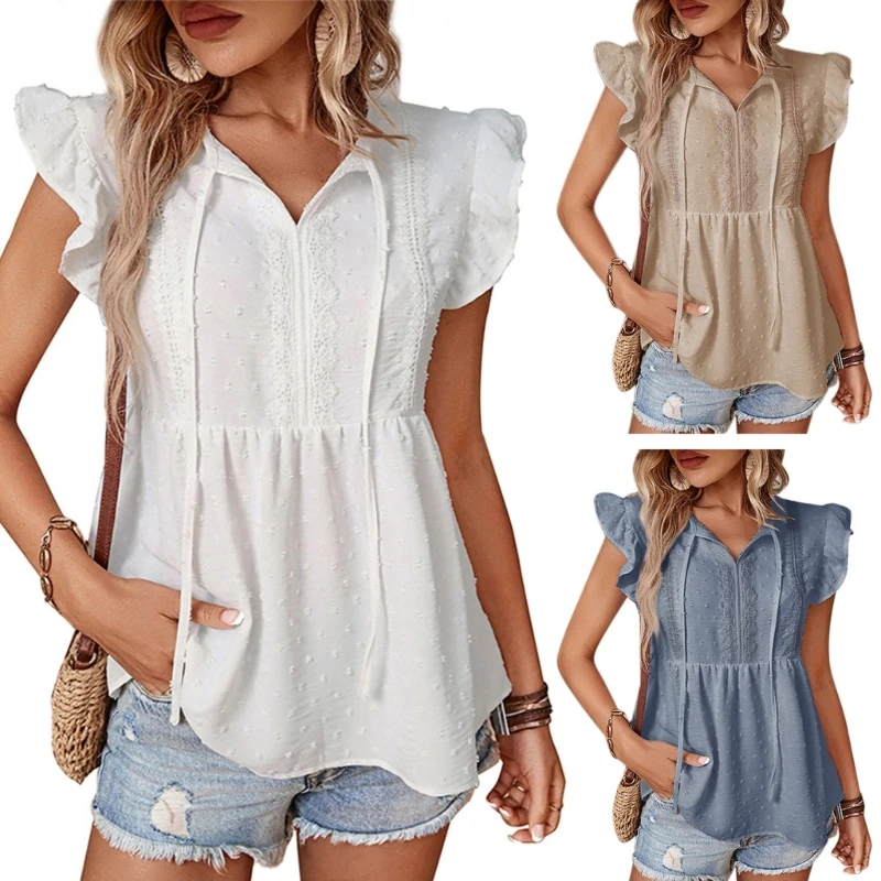 

Womens Summer Short Sleeve Lace Up V neck T Shirt Casual Peplum Tops Comfort Loose Fitting Blouses Tunics Tops Tees