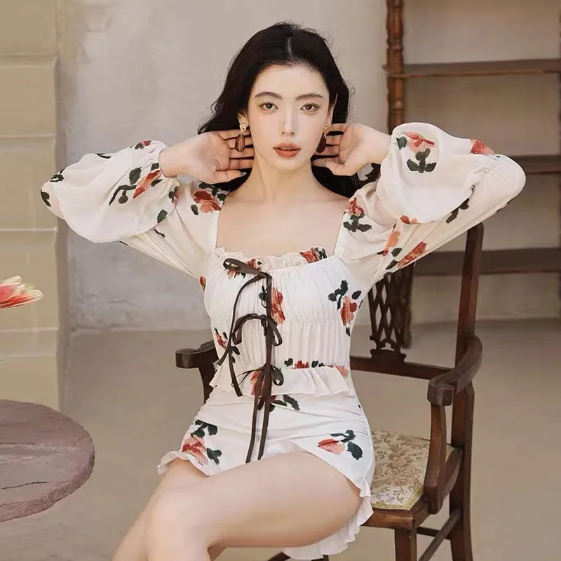 

2023 Long Sleeve One Piece Swimsuit Women Cover The Belly And Show Thin Swimwear Open Back Monokini Bathing Suit Off Shoulder