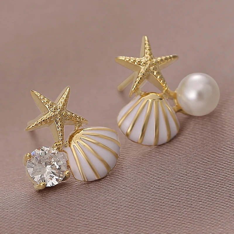 

Temperament Ocean Style Stud Earrings Women Starfish Shell Earring Creative Asymmetric Ear Ring Imitation Pearl Zircon Ear Stud