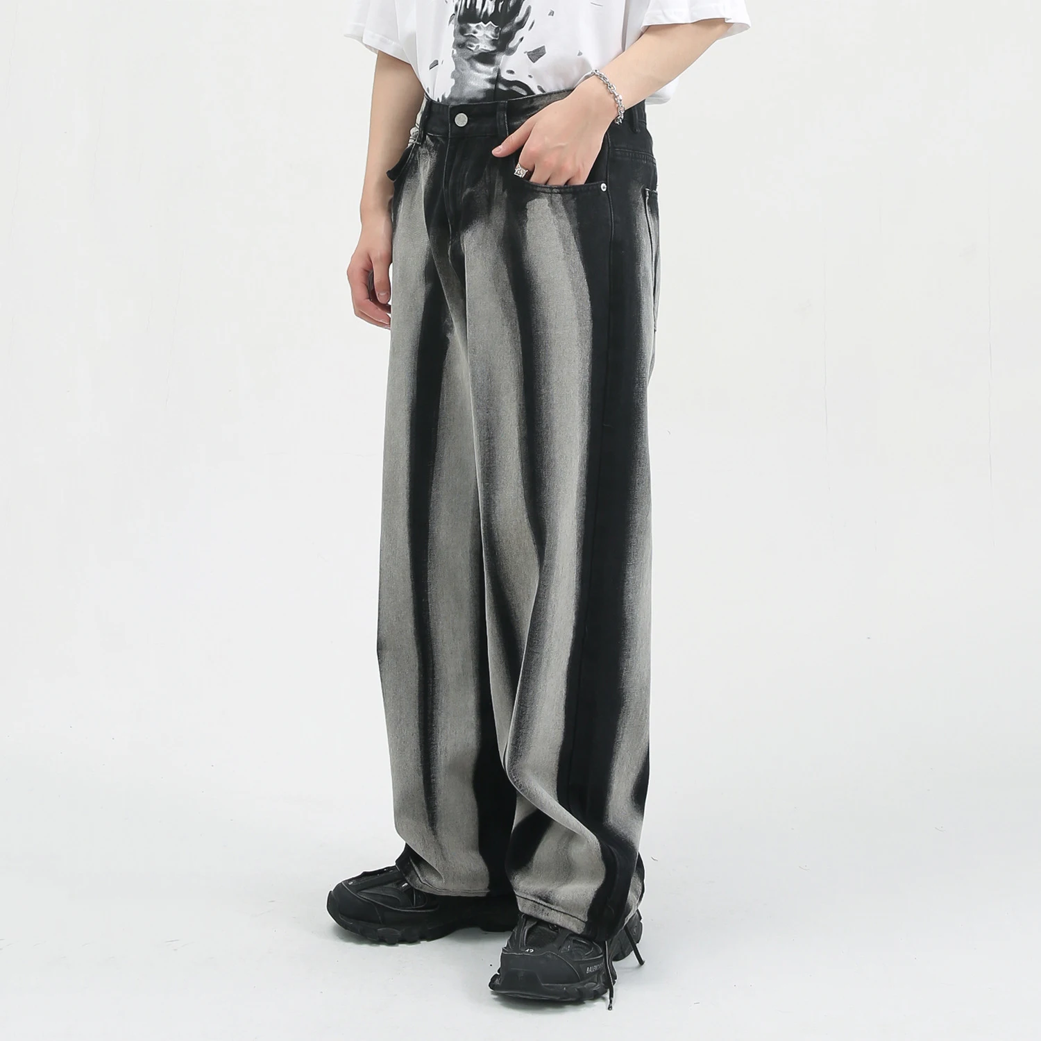 

Four Seasons Men's Korean Loose Tie Dye Contrast Color Straight Loose Men's Jeans Hip Hop Streetwear Jeans Denim Mens Pants