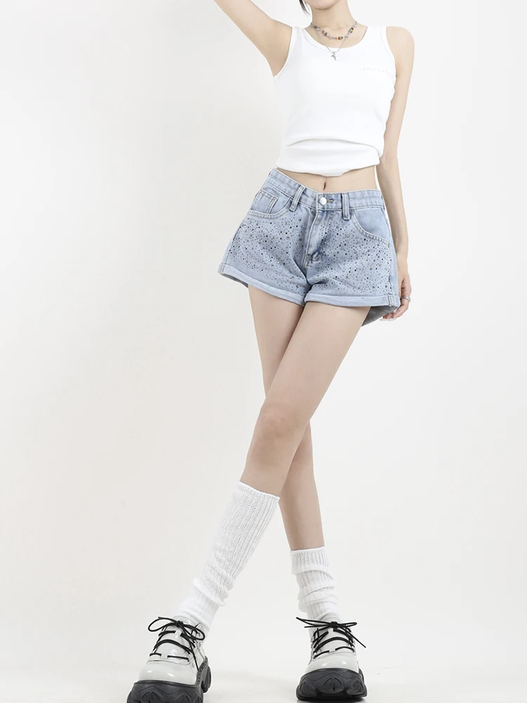 Streetwear Women High Waist Wide Leg Blue Mini Denim Shorts Spring Summer Female Button Loose Jeans Shorts Bottoms