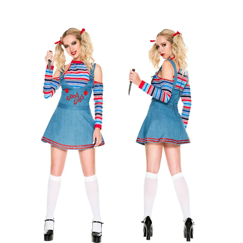 Halloween Ghost Doll Cosplay Chucky Costumes for Women Outfit Adult Girls Fancy Dresses Carnival Horror Ghost Doll Clown Costume