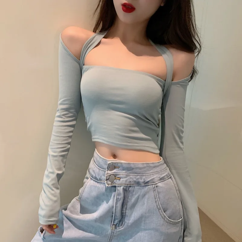 

GGRIGHT Korean Hot Sexy Women Off Shoulder Backless Cross Bandage Long Sleeve Solid Slim Open Navel T-shirt