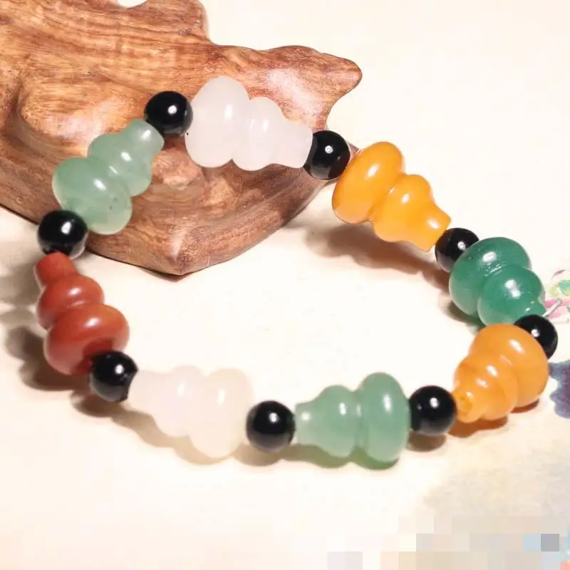 

Natural Colorful Jades Gourd Bracelet Pulsera Fengshui Men Women Lucky Amulet Golden Silk Jades Stone Elastic Beaded Bracelets
